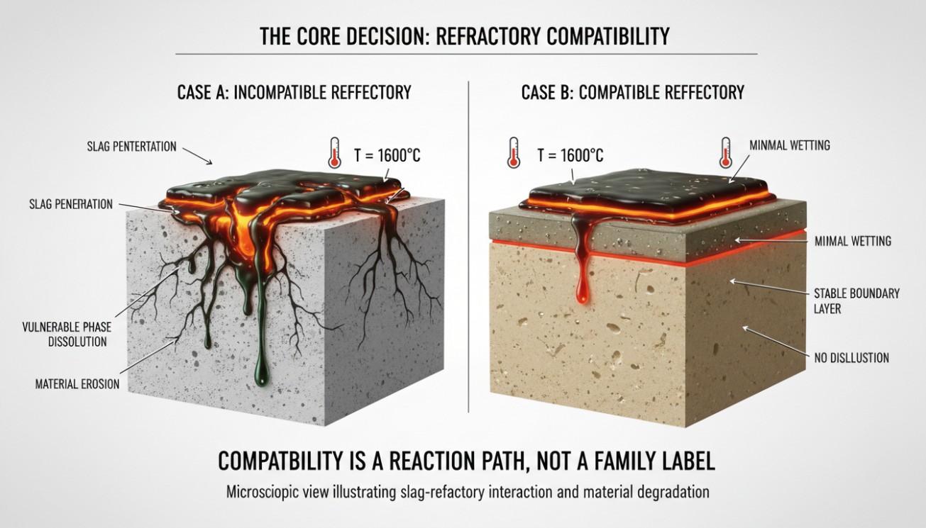Cross-section comparing slag penetration and dissolution in incompatible and compatible refractory materials at 1600°C